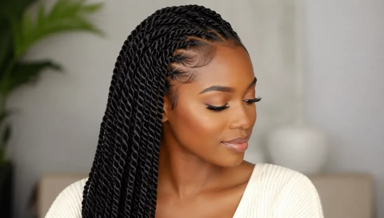 A woman wearing long, neatly parted twist braids with defined rope twists, photographed in bright natural light against a soft cream indoor background, showcasing a sleek and protective hairstyle.