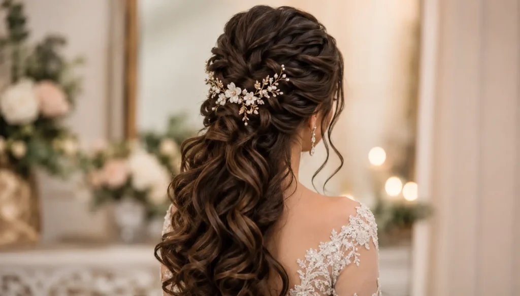 Elegant bridal hairstyle for long hair featuring a romantic half-up, half-down style with voluminous loose curls, a textured twisted crown, and a delicate pearl floral hair accessory