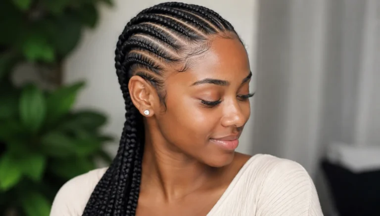 lack woman wearing neat straight-back braided cornrow hairstyles with long braids, photographed in natural daylight for an everyday protective hairstyle inspiration.