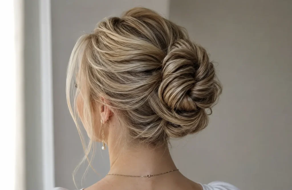 white woman with an elegant low bun hairstyle featuring a smooth, voluminous twisted updo, soft face-framing strands, and natural blonde hair in soft daylight, with the hairstyle as the main focus.