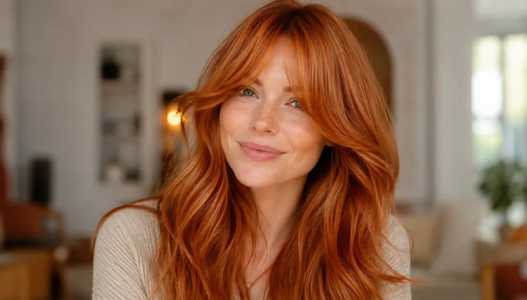 White woman with long, glossy copper hair styled in soft waves and center-parted curtain bangs, photographed in a close-up portrait with warm indoor lighting and a blurred neutral background.