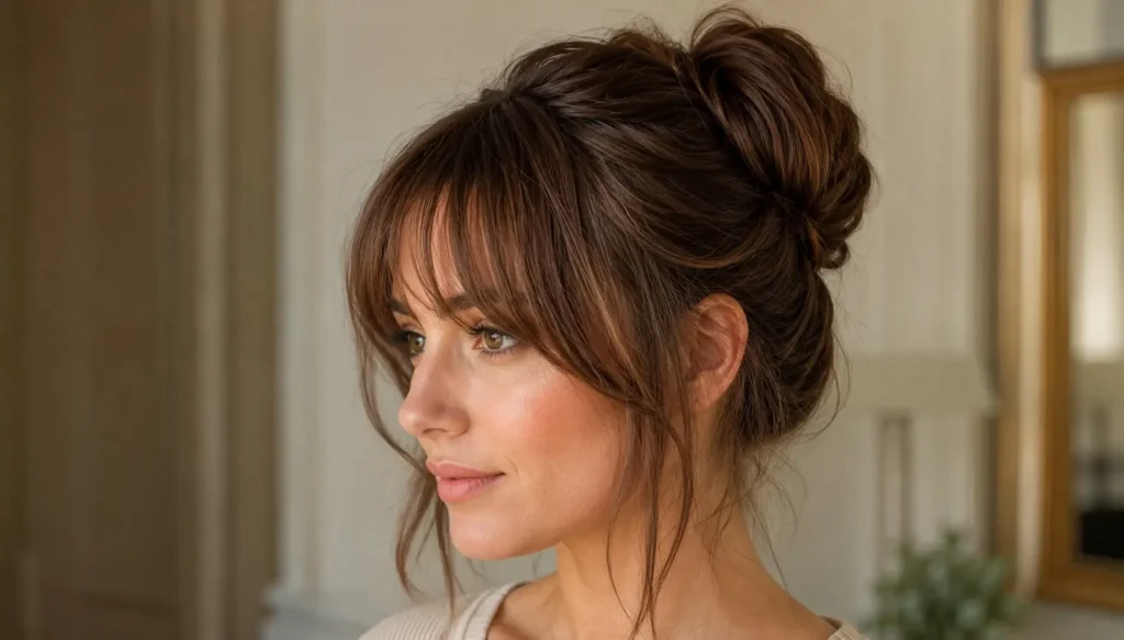 woman wearing a stylish textured bun with soft curtain bangs, photographed in bright natural light against an elegant cream indoor background, with the hairstyle in sharp focus.