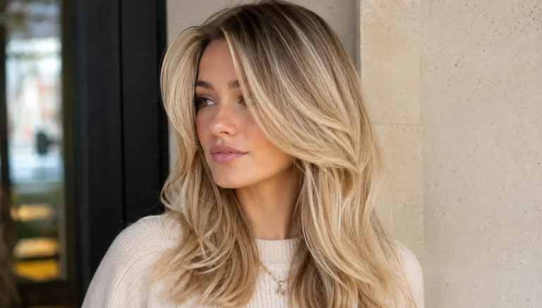 woman with expensive-looking blonde hairstyle featuring long layered waves, soft face-framing pieces, natural shine, and effortlessly chic hair texture in bright natural light.