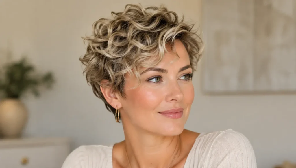 woman with a cute curly pixie haircut, soft blonde curls, textured short layers, natural volume, and glossy hair