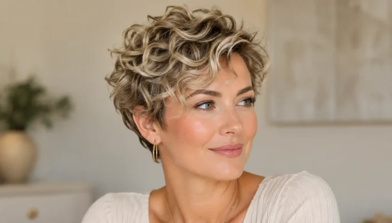 woman with a cute curly pixie haircut, soft blonde curls, textured short layers, natural volume, and glossy hair