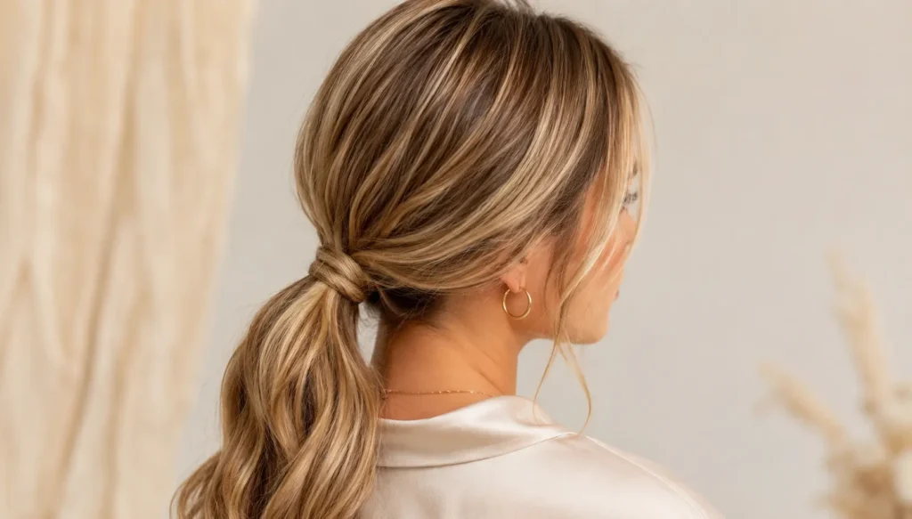white woman with a sleek, low ponytail hairstyle featuring softly wrapped hair at the base and loose face-framing strands, photographed in bright natural light against a soft neutral background.