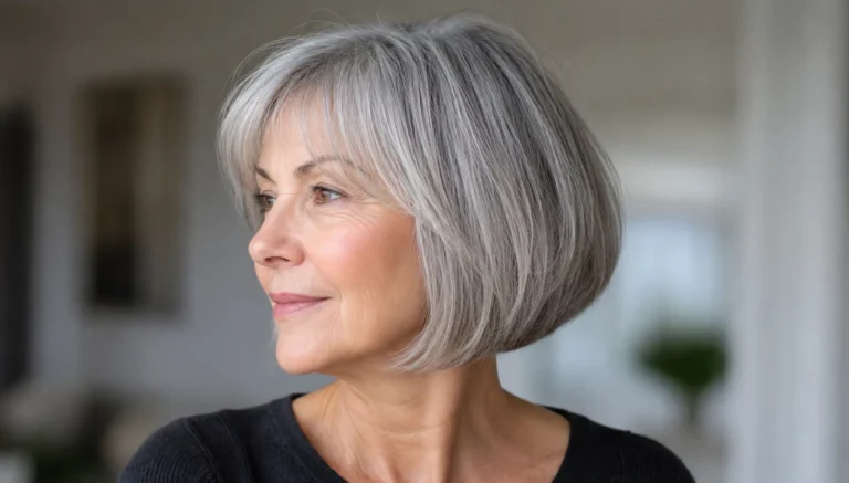 Modern gray bob haircut on a real older woman with soft layers, natural silver hair, and a classy short hairstyle look.