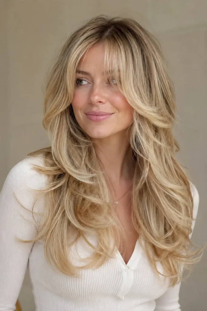an English woman with expensive blonde butterfly layered hairstyle, soft bangs, long face-framing waves,