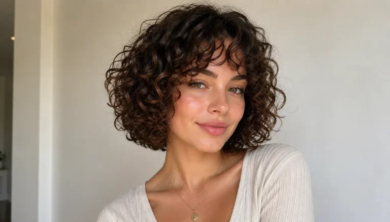 woman with a naturally voluminous curly bob haircut featuring soft, defined brunette ringlets, photographed in bright natural light against a warm cream background with minimal makeup and an ivory top.