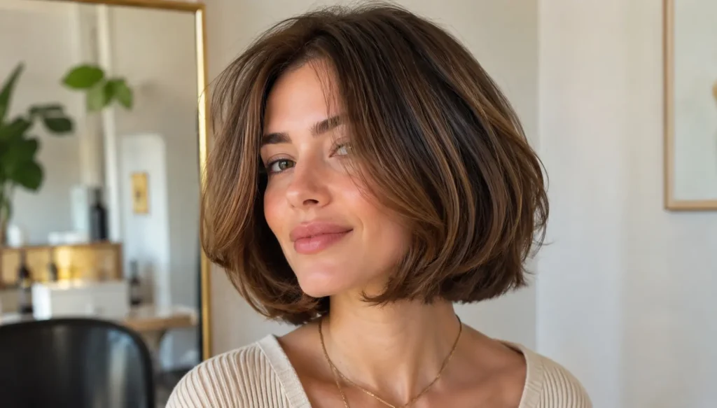 woman with a sleek chin-length Italian bob haircut featuring soft inward-curved ends, natural brunette hair, and a smooth glossy finish in bright natural light.