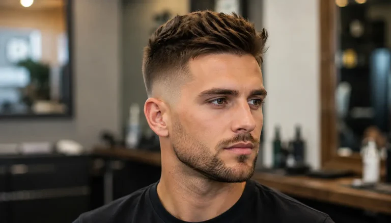 a man with a modern textured crop haircut and low fade, photographed in a bright contemporary barbershop with the hairstyle as the main focus.