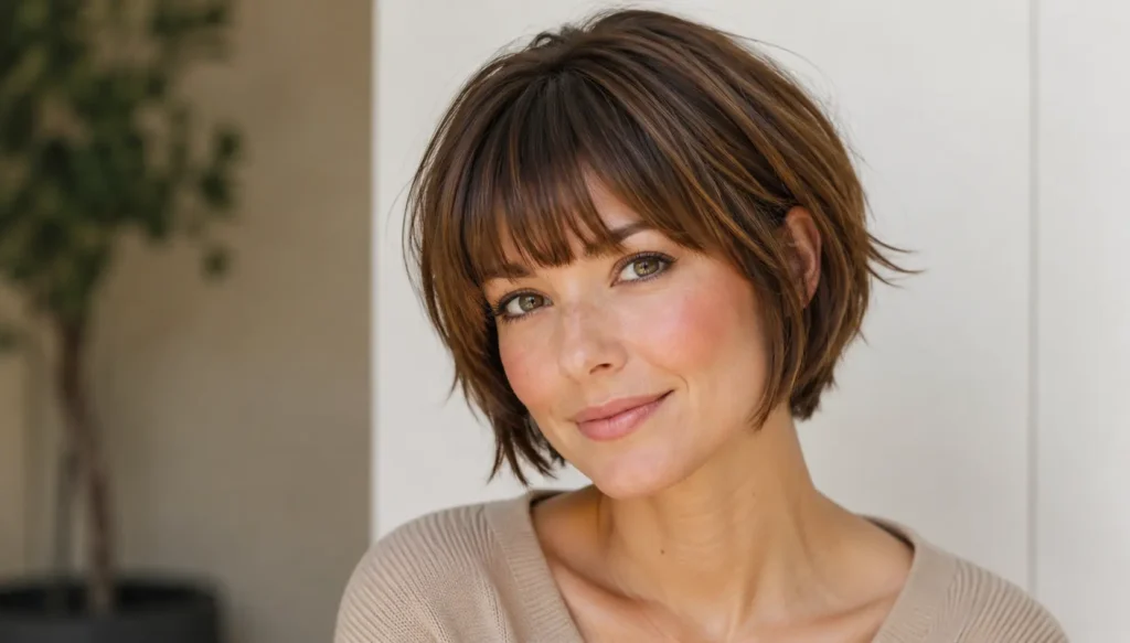 Short haircut with bangs featuring a textured layered bob, soft fringe, natural volume, and a stylish modern finish.
