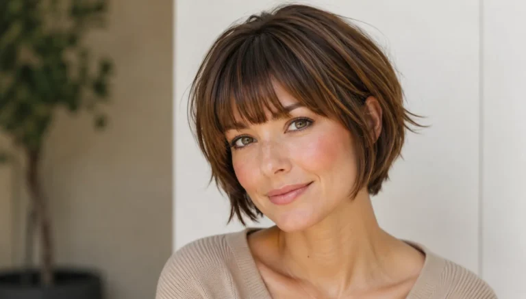Short haircut with bangs featuring a textured layered bob, soft fringe, natural volume, and a stylish modern finish.