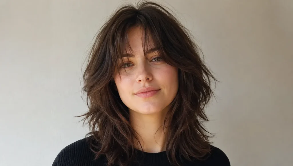 woman with a textured wolf cut and soft curtain bangs, featuring feathered layers, natural volume, and healthy shine in bright daylight against a clean neutral background.