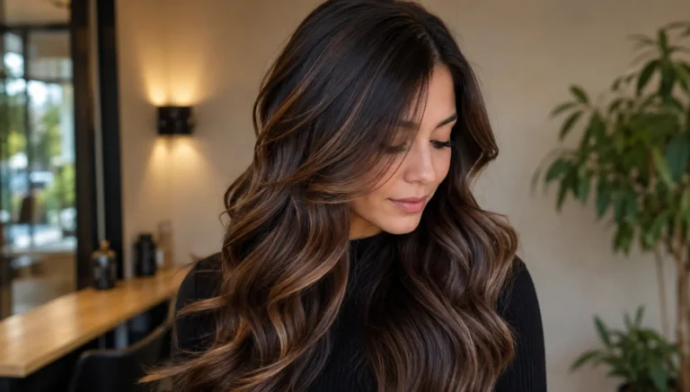 woman with soft wavy brunette hair tint featuring warm caramel highlights, glossy layered texture, and natural volume in a realistic hairstyle portrait.