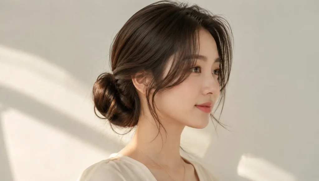 Korean woman with an elegant low bun hairstyle, soft face-framing strands, glossy dark hair, and natural makeup