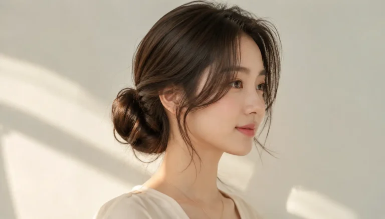 Korean woman with an elegant low bun hairstyle, soft face-framing strands, glossy dark hair, and natural makeup