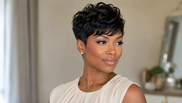 a Black woman wearing a chic textured pixie haircut with softly layered curls on top and neatly tapered sides, styled with a cream sleeveless dress against a softly blurred neutral background.