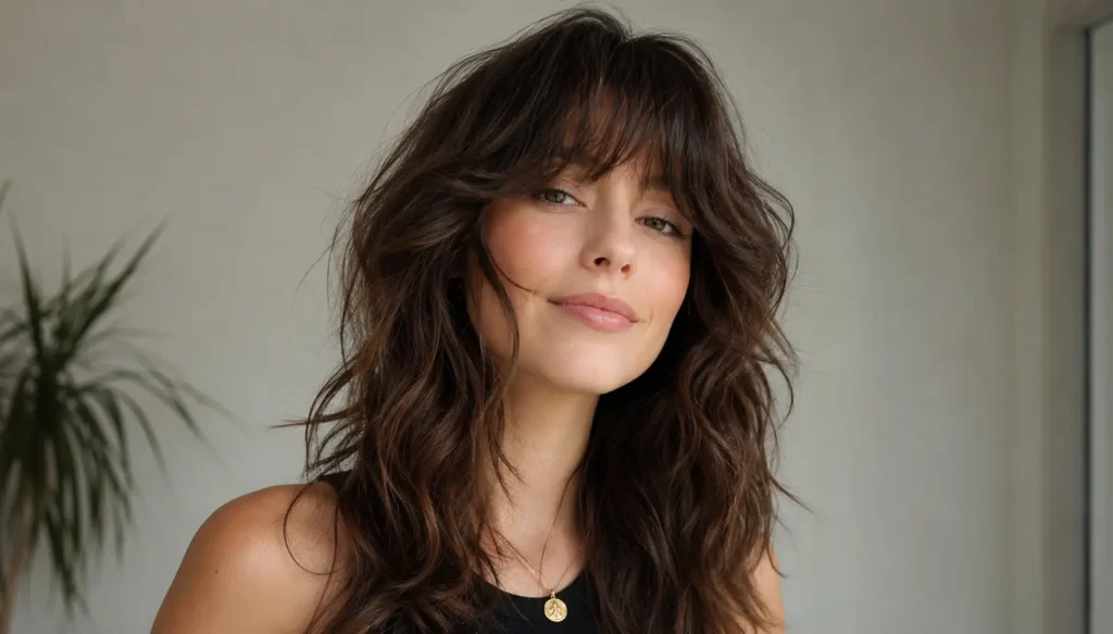 a woman with a shoulder-length wavy wolf cut featuring soft wispy bangs, textured layers, and natural volume, photographed in bright natural light with the hairstyle as the main focus.