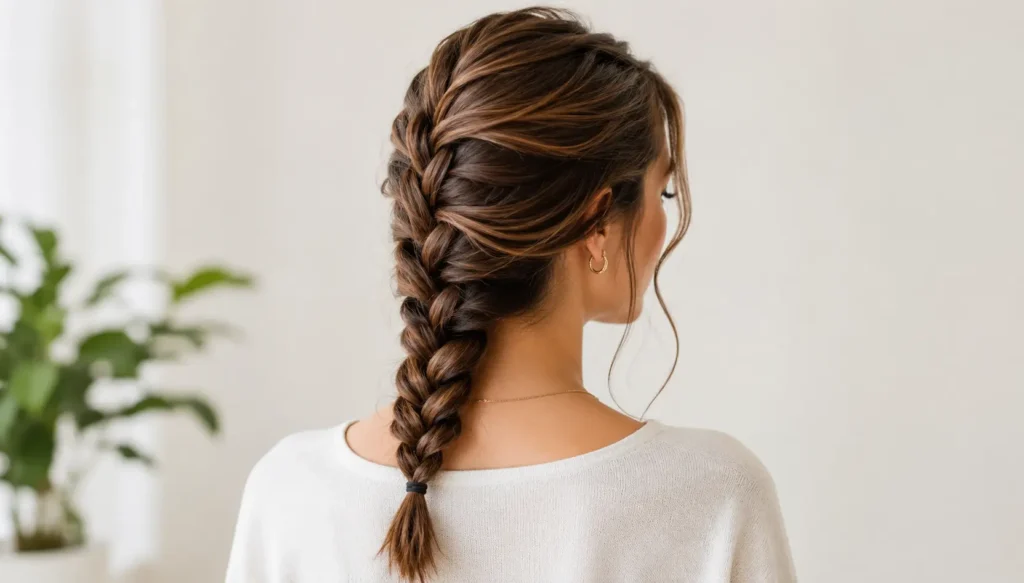 woman with a quick loose braided hairstyle, featuring a soft textured braid and face-framing strands