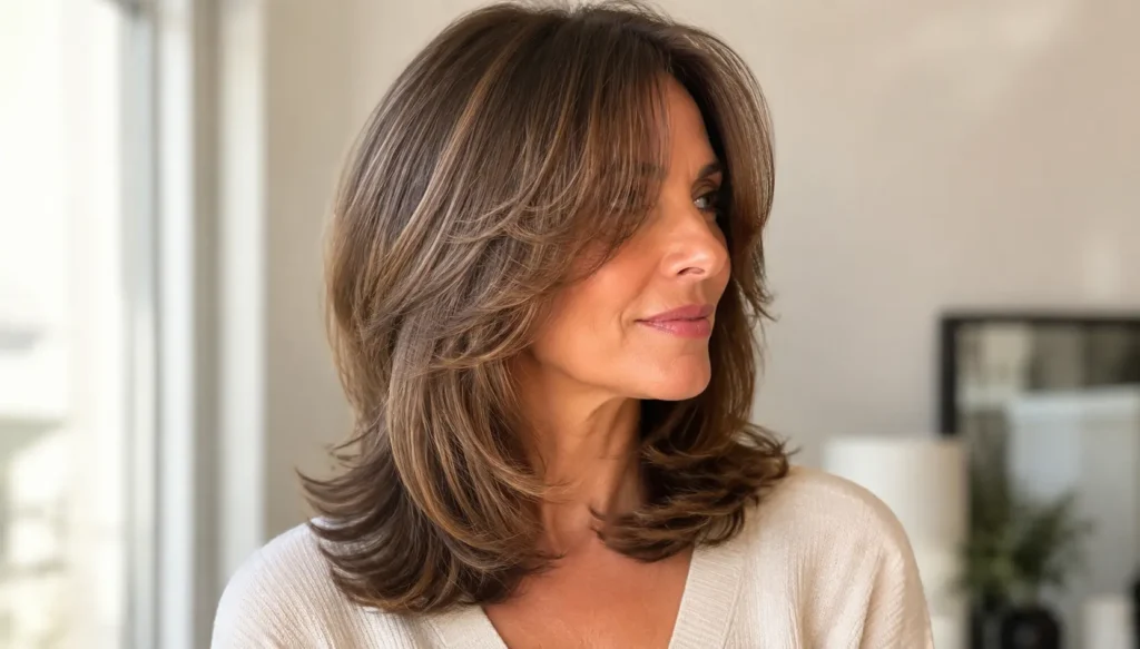 Medium butterfly haircut on a real English woman with soft face-framing layers, feathered ends, and natural volume, photographed in bright daylight against a warm neutral background.