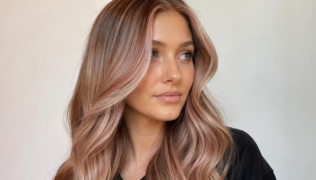 white woman with long, glossy Neapolitan hair featuring chocolate brown, creamy blonde, and soft strawberry pink tones styled in loose waves.