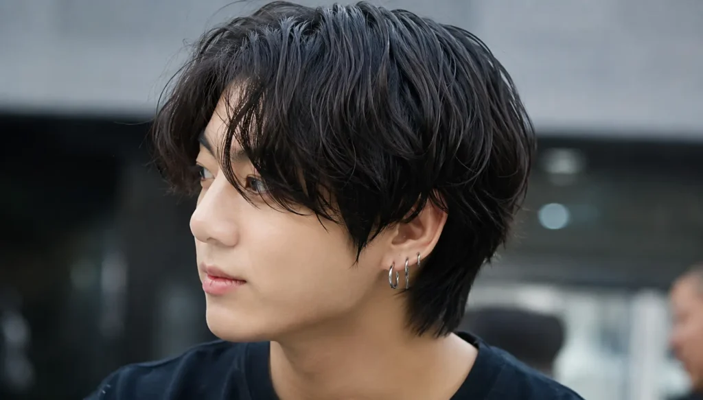 Real boy with a BTS-inspired layered Korean hairstyle, soft textured bangs, and natural black hair in a close-up portrait.