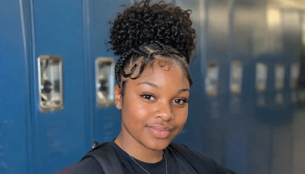 Black woman wearing a high curly puff with braided details and laid edges, standing in a school hallway with blue lockers in the background, showcasing a stylish back-to-school hairstyle.