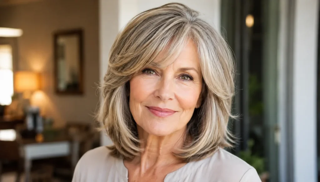 a older woman with a medium-length layered hairstyle featuring soft face-framing layers, healthy silver-blonde hair, and natural volume, smiling in warm daylight with the hairstyle as the main focus.