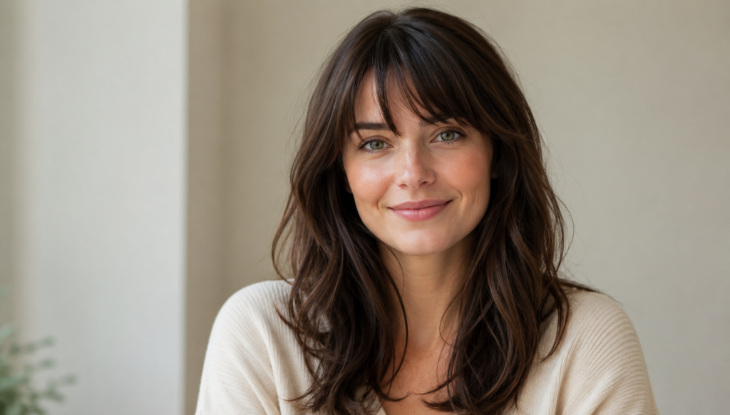 Close-up portrait of a woman with a soft fringe and shoulder-length layered hair, featuring natural shine, subtle waves, and a fresh salon-style finish against a neutral background.