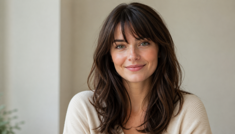 Close-up portrait of a woman with a soft fringe and shoulder-length layered hair, featuring natural shine, subtle waves, and a fresh salon-style finish against a neutral background.