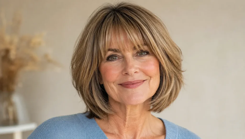 a woman over 50 with a layered bob haircut and soft bangs, featuring smooth, face-framing layers, natural volume, and healthy shine against a neutral beige background.