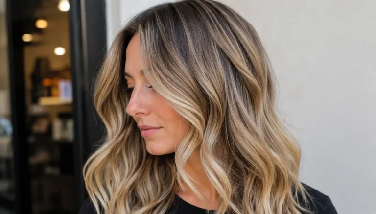 **Alt Text:** **Woman with dirty blonde hair featuring soft, dimensional highlights in warm and cool blonde tones, showcasing a shiny, natural-looking hairstyle with added depth and movement.**