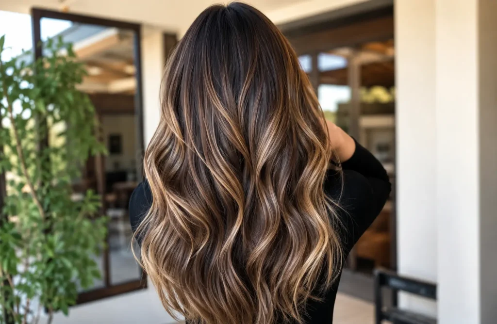 Long, wavy brunette hair with warm caramel balayage highlights, showcasing a glossy, dimensional hair color in a softly lit modern indoor setting.