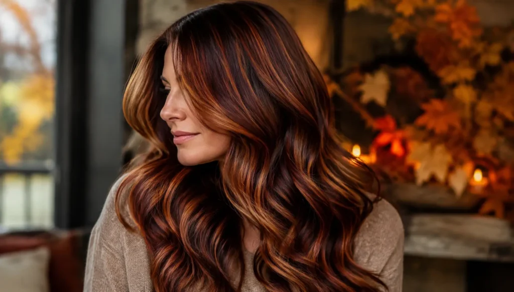 A woman with long, voluminous waves featuring a rich fall balayage blend of deep brunette, copper, auburn, caramel, and golden brown tones