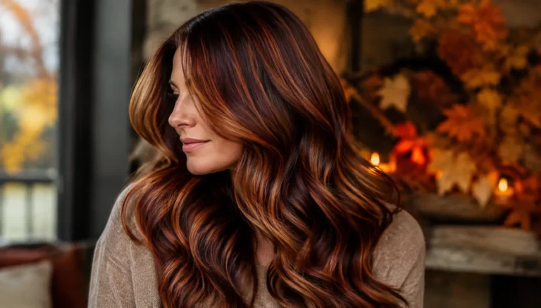 A woman with long, voluminous waves featuring a rich fall balayage blend of deep brunette, copper, auburn, caramel, and golden brown tones