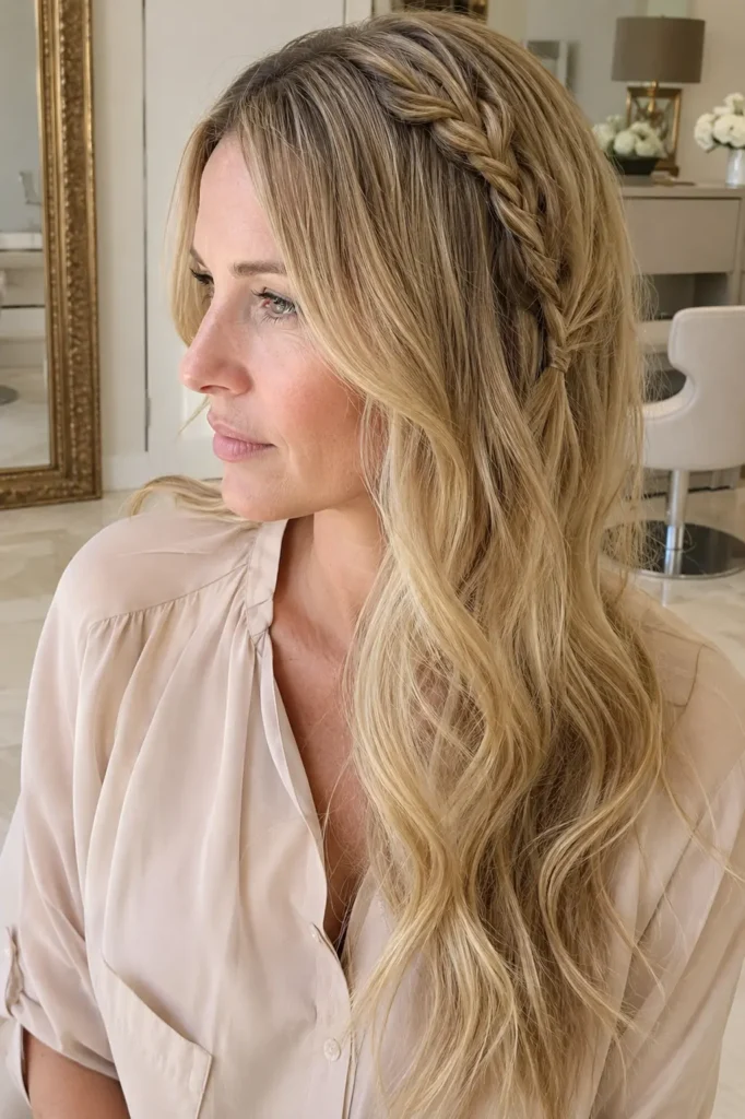 woman with loose wavy medium blonde hair styled with a delicate side braid, wearing a soft beige blouse in a bright ivory salon-inspired setting.