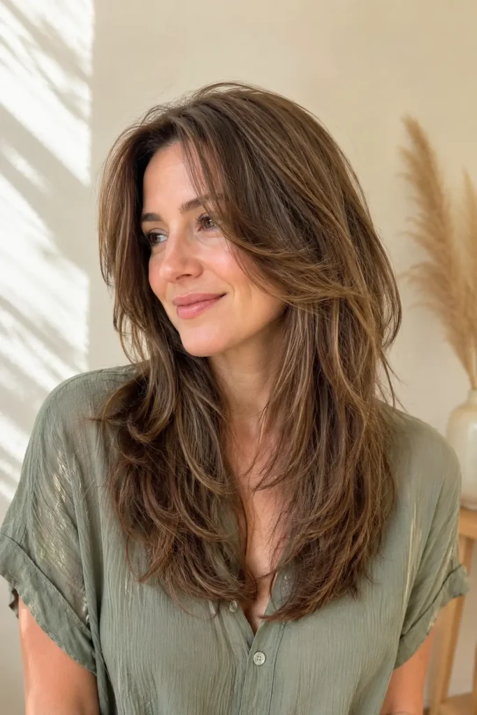 a real English woman with an air-dried medium butterfly haircut featuring naturally textured feathered layers, glossy light-brown hair, soft window light, a warm cream background, and a sage-green blouse.