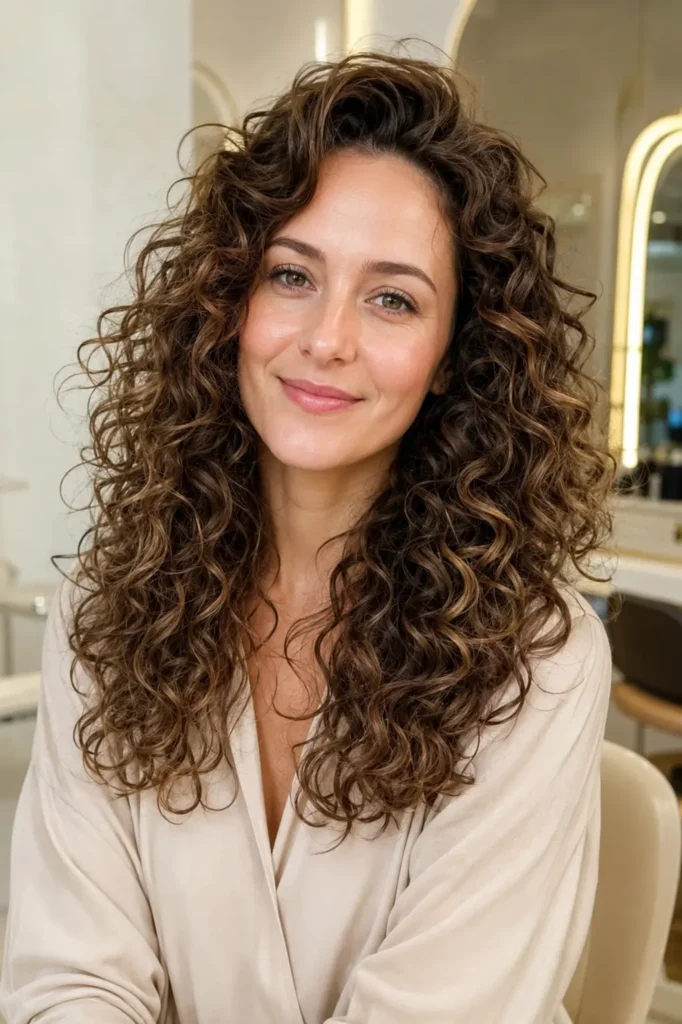 woman with Air-Lifted Natural Curls featuring soft root lift and naturally defined flowing curls. She wears a stylish light beige blouse with natural makeup and realistic skin texture,