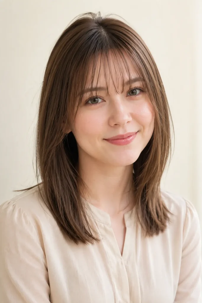 Medium-length straight hairstyle with airy see-through fringe, silky smooth hair, and a healthy shine, photographed in bright natural light against a soft cream background with a modest beige blouse.