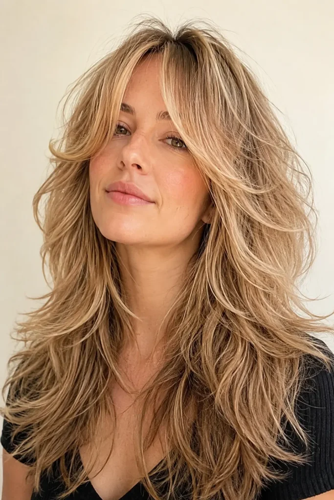 a woman with an airy wolf cut and flowing curtain bangs, featuring feathered layers, soft volume, and healthy shiny hair in bright natural daylight against an ivory background.