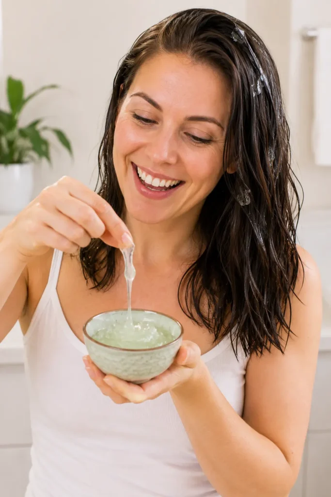 a woman smiling while scooping fresh aloe vera gel from a small bowl and applying it to her shoulder-length hair in a bright bathroom.