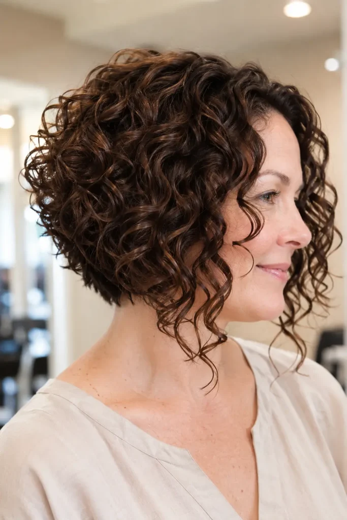 woman with a glossy chestnut angled curly bob featuring longer face-framing curls and a softly graduated back, photographed in bright daylight against a cream salon background.