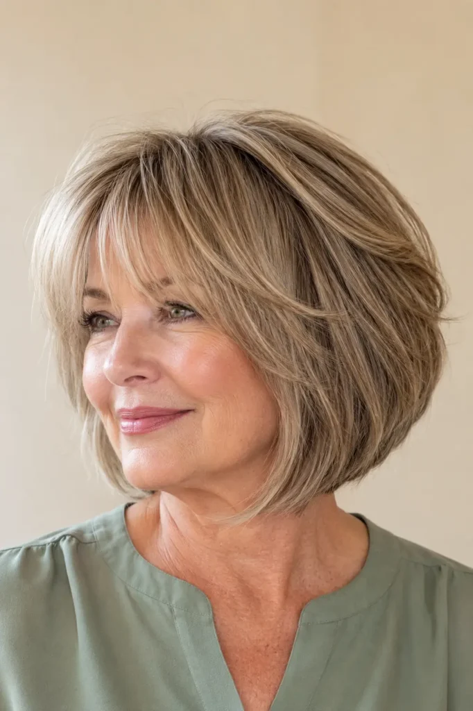 A woman with an angled layered bob and soft curtain fringe. Her glossy, stacked layers have silky texture and natural movement, highlighted by bright daylight. She wears a modest sage green blouse against a warm beige background, with the hairstyle as the main focus.