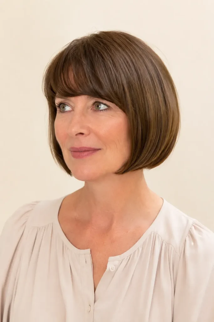 woman with a classic bob haircut and softly arched fringe, featuring smooth glossy hair with healthy shine. She wears a modest light beige blouse against a cream-colored background in bright natural lighting, with the hairstyle as the main focus.