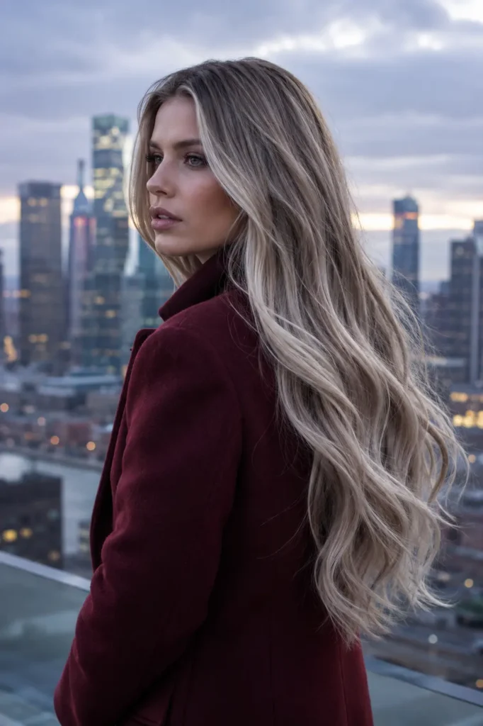 Ultra-long ash blonde balayage hair with cool smoky beige and silver-blonde highlights flowing in sleek waves on a white woman wearing a burgundy high-collar wool coat