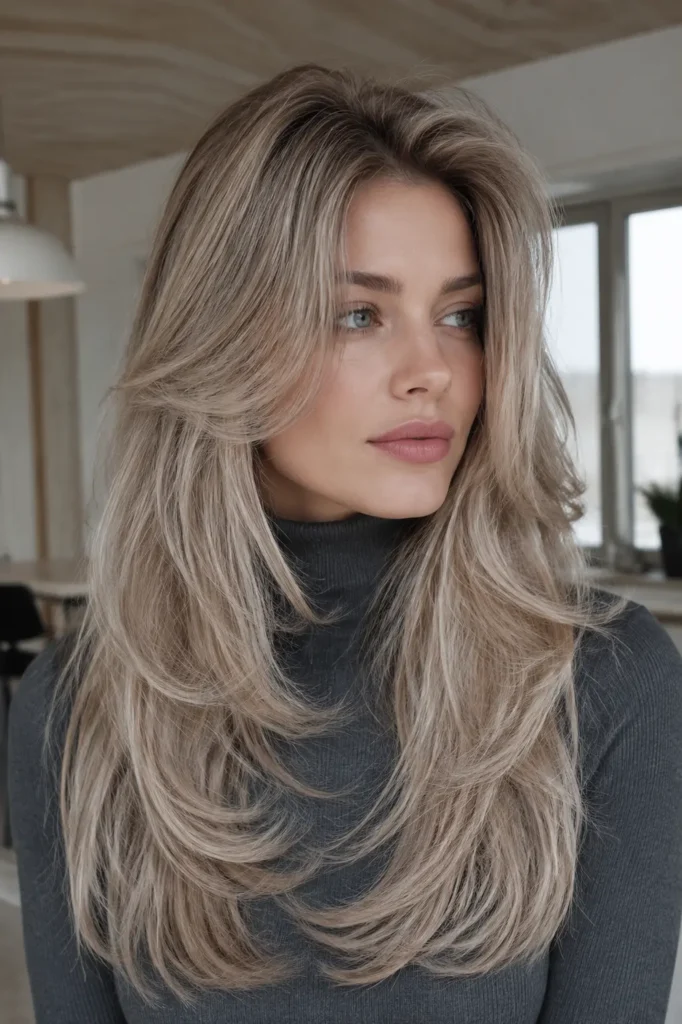 a white woman with long ash blonde butterfly layers in a cool smoky beige blonde shade, featuring airy feathered face-framing layers, a voluminous blowout with a lifted crown, and a charcoal gray turtleneck, set in a softly blurred Scandinavian-style interior with natural daylight highlighting the luxurious hairstyle.