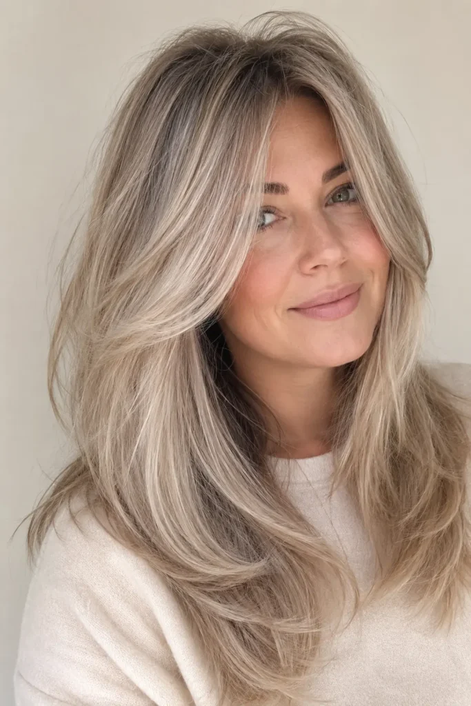 an English woman with an ash blonde hair tint hairstyle, featuring cool blonde tones, soft layered waves, glossy shine, natural volume, and a smooth textured finish in bright natural light.