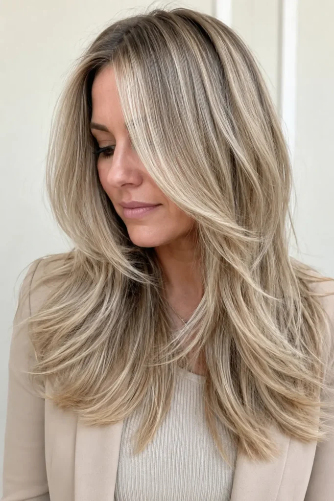 woman with ash blonde modern layered hairstyle featuring cool blonde tones, long soft layers, smooth waves