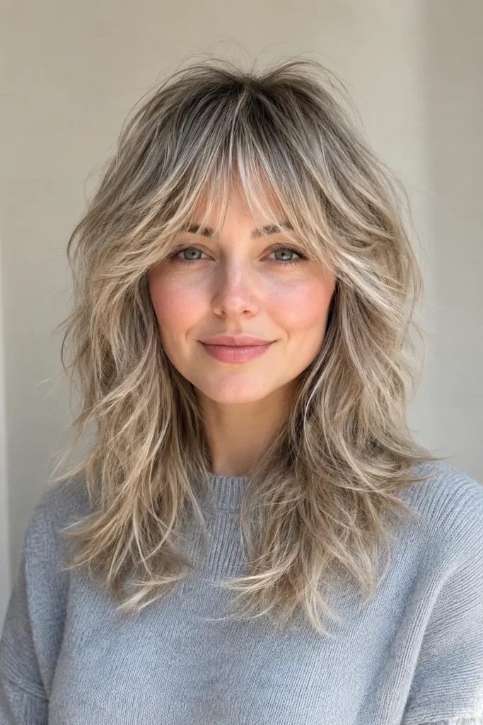a woman with an ash blonde shaggy wolf cut, textured choppy bangs, feathered layers, and natural volume in a realistic DSLR hairstyle portrait.